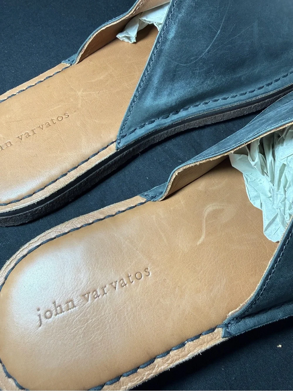 John Varvatos Black Leather Slide Sandals with Tan Footbed